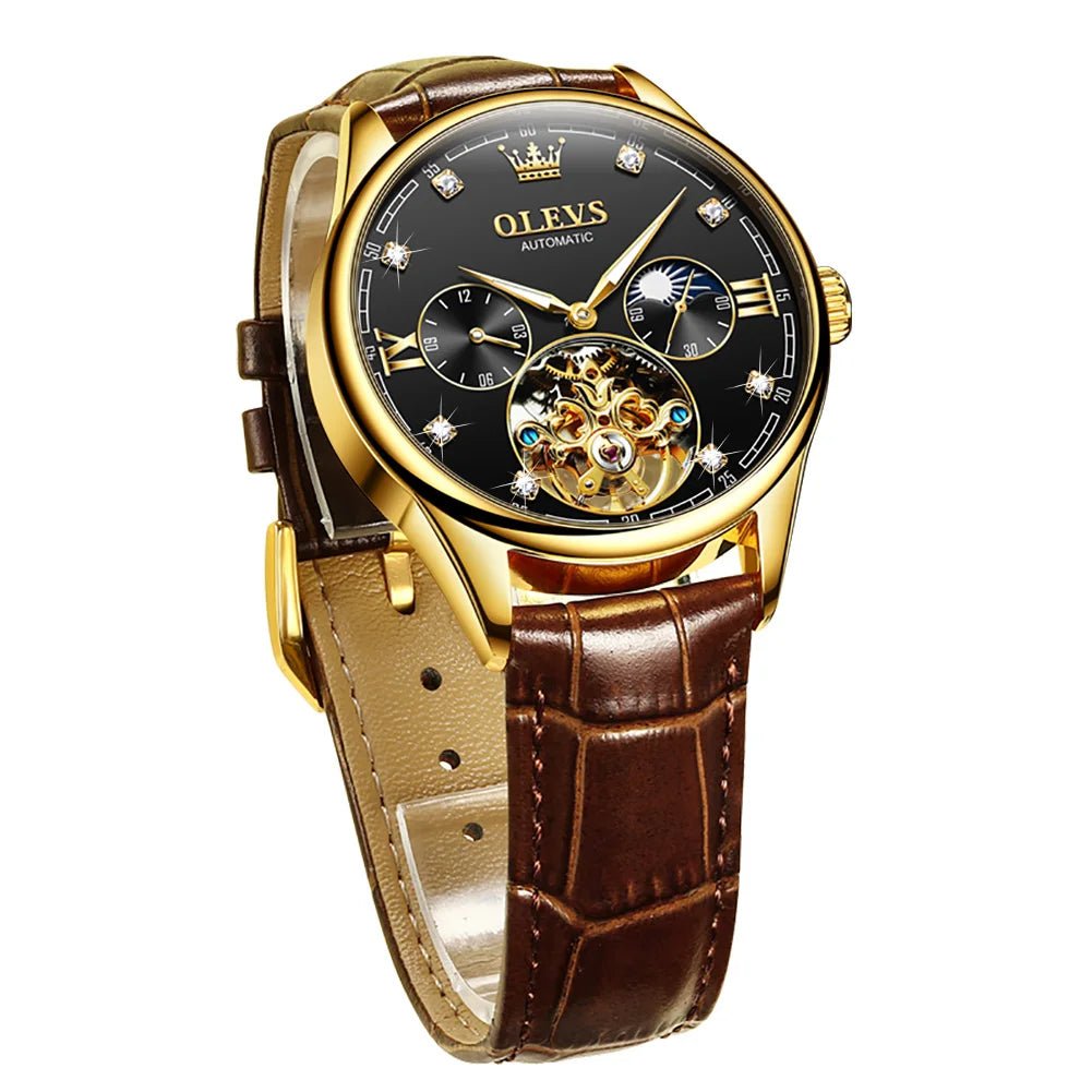best OLEVS 3601 Tourbillon skeleton luxury business Moon Phase Calendar Leather Luminous Waterproof Men's Automatic Mechanical Watch shop online at M2K Trends for