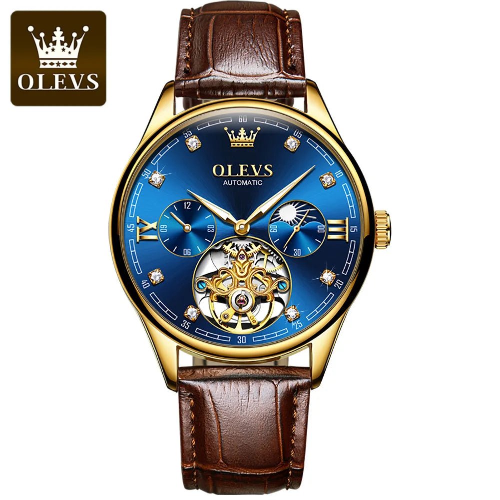 best OLEVS 3601 Tourbillon skeleton luxury business Moon Phase Calendar Leather Luminous Waterproof Men's Automatic Mechanical Watch shop online at M2K Trends for