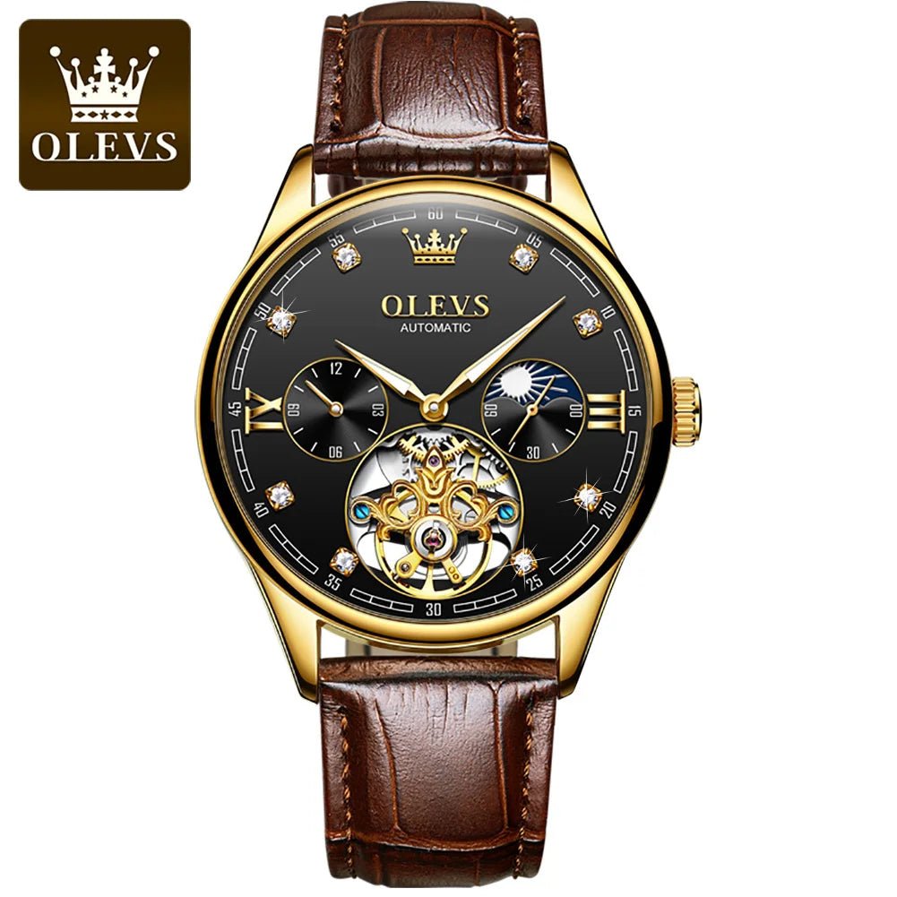 best OLEVS 3601 Tourbillon skeleton luxury business Moon Phase Calendar Leather Luminous Waterproof Men's Automatic Mechanical Watch shop online at M2K Trends for