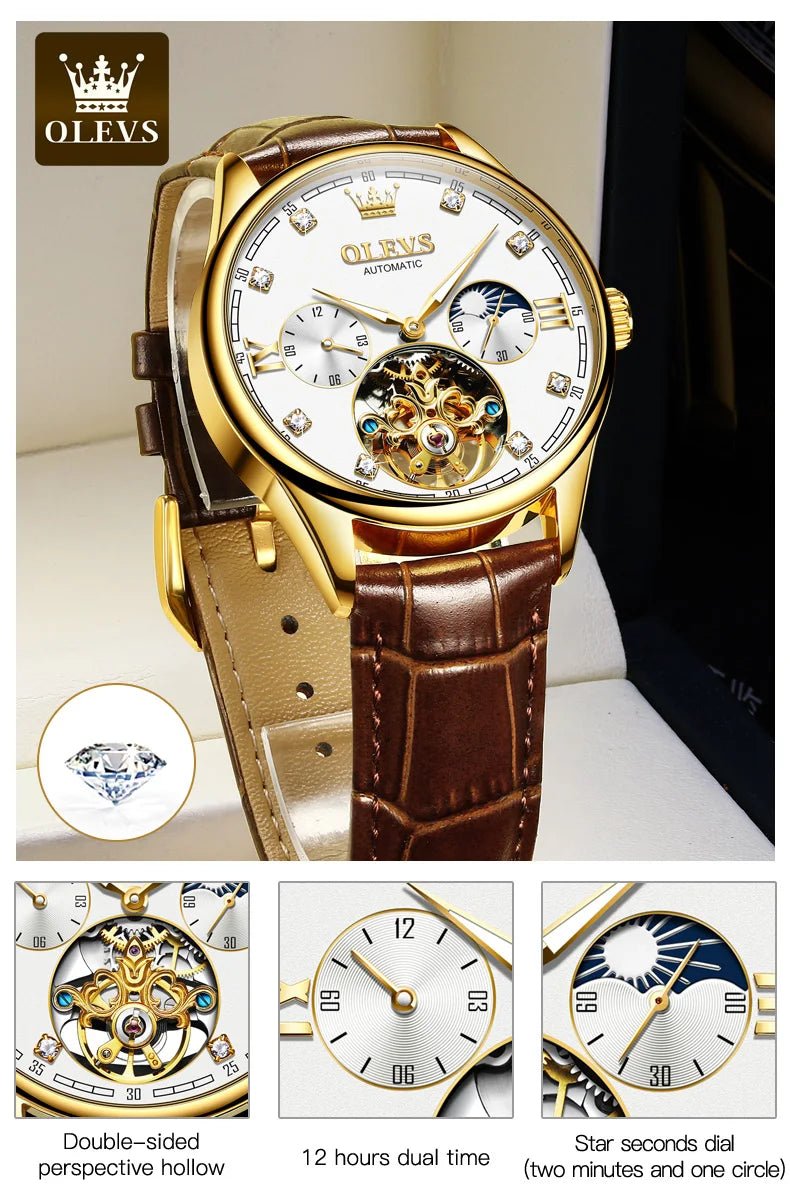 best OLEVS 3601 Tourbillon skeleton luxury business Moon Phase Calendar Leather Luminous Waterproof Men's Automatic Mechanical Watch shop online at M2K Trends for