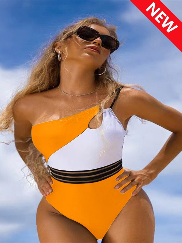 best One Shoulder Cut Out Bikini One-Piece Swimsuit for Women Mesh Panel Patchwork Bikini Set Swimwear 2023 Bathing Suits Beachwear 0 shop online at M2K Trends for