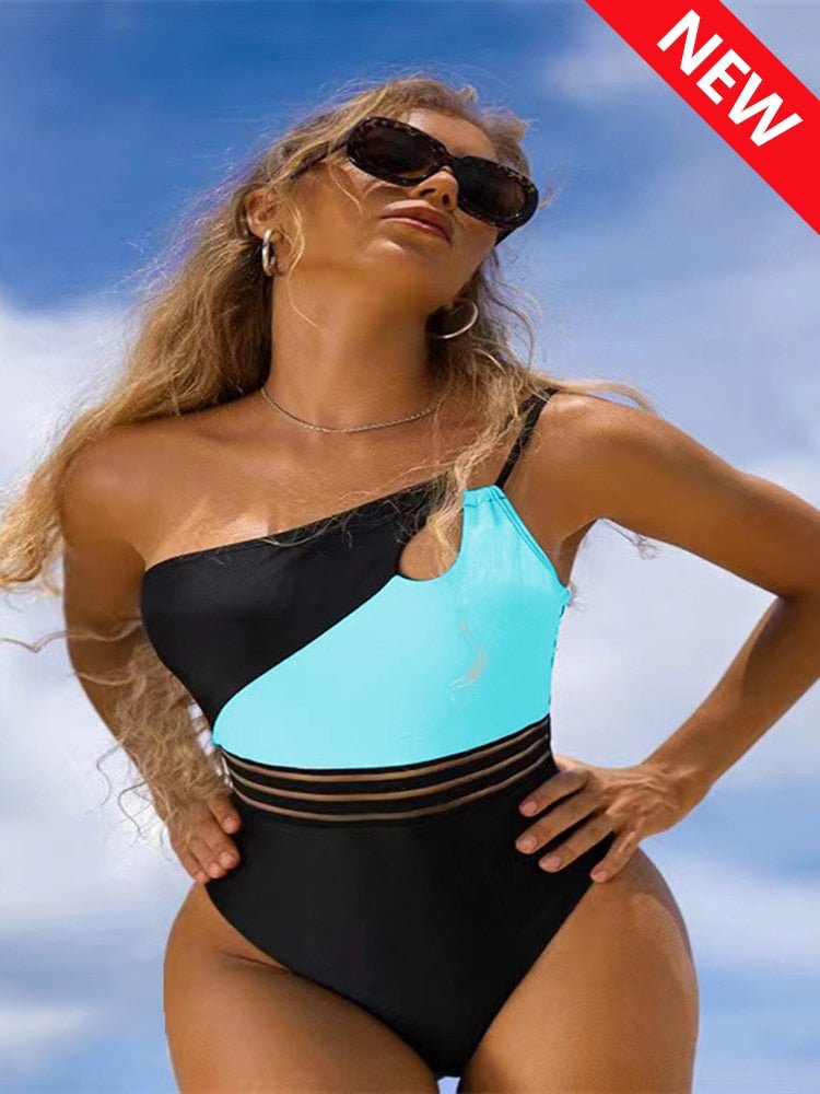 best One Shoulder Cut Out Bikini One-Piece Swimsuit for Women Mesh Panel Patchwork Bikini Set Swimwear 2023 Bathing Suits Beachwear 0 shop online at M2K Trends for