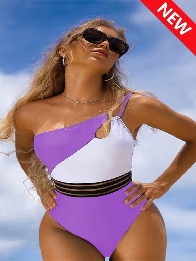 best One Shoulder Cut Out Bikini One-Piece Swimsuit for Women Mesh Panel Patchwork Bikini Set Swimwear 2023 Bathing Suits Beachwear 0 shop online at M2K Trends for