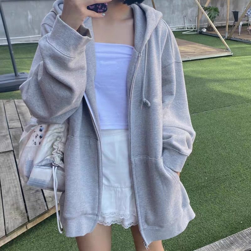 best Oversize Women Hoodies 2022 New Casual Solid Zip Up Hooded Sweatshirt Harajuku Korean Loose Couple Hoodie Jacket Coat Streetwear 0 shop online at M2K Trends for