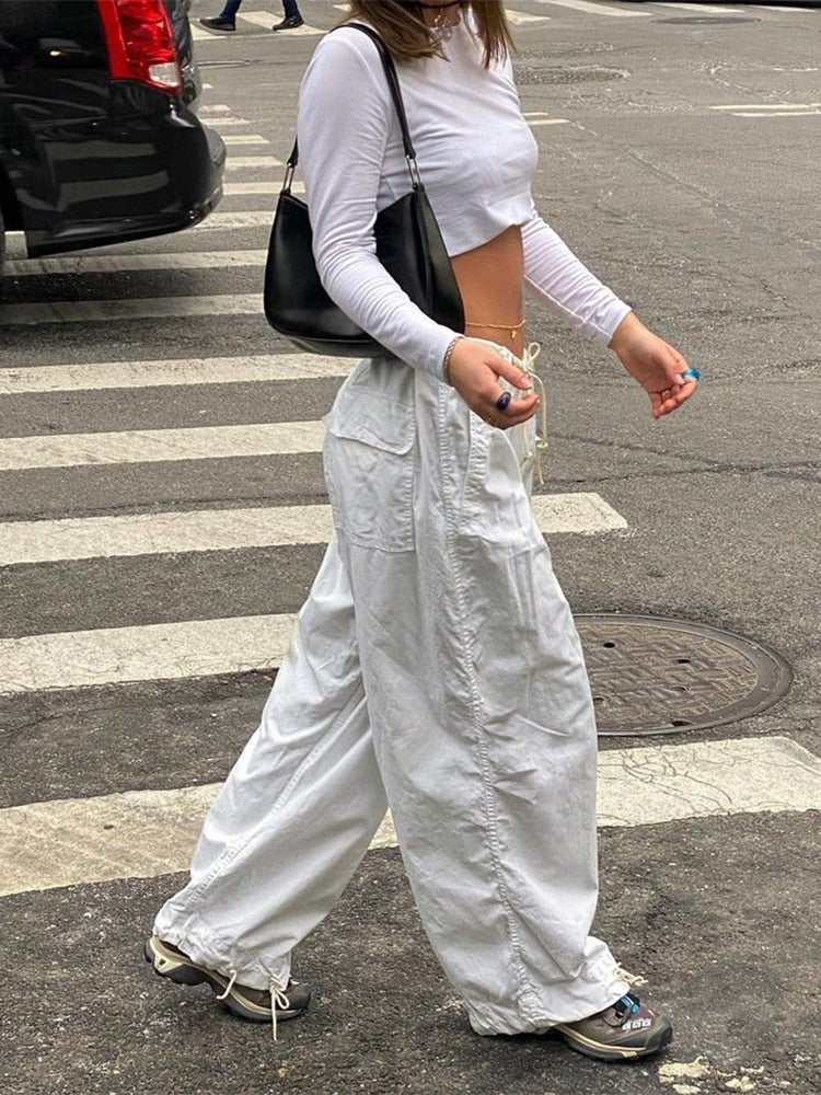 best Sweetown Casual Baggy Wide Leg Sweatpants White Loose Drawstring Low Waist Streetwear Cargo Pants Womens Hippie Joggers Trousers 0 shop online at M2K Trends for