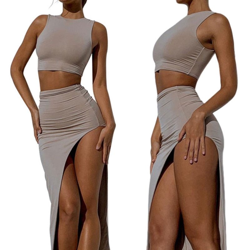 best Women Sexy Two-piece Clothes Set Women&#39;s suit Solid Color Round Collar Vest and High Waist Split Long Slit Skirt Summer 0 shop online at M2K Trends for