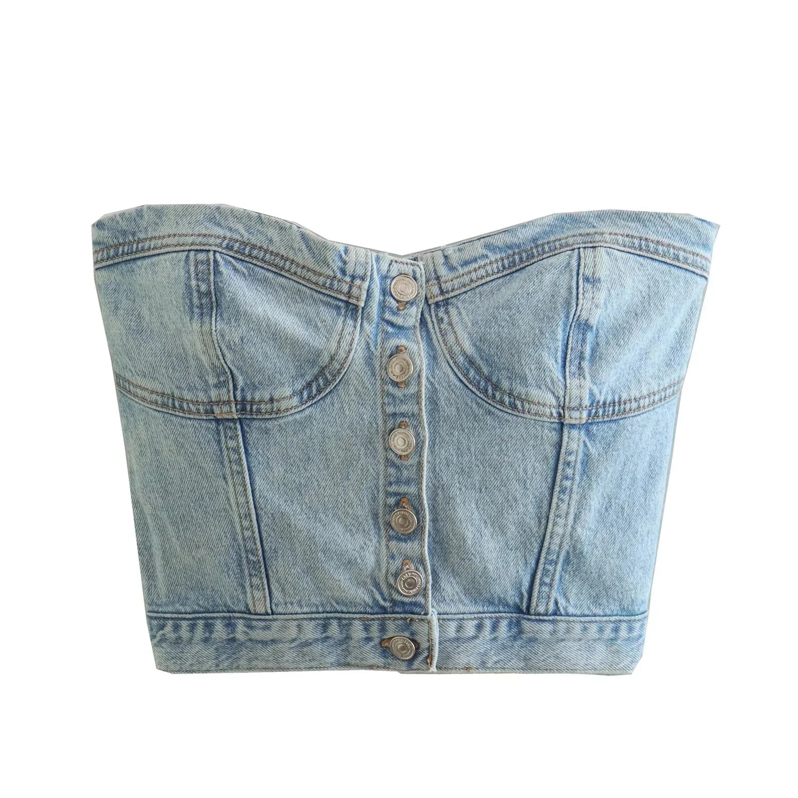 best Women's Button Down Denim Bustier Crop Top Strapless Jeans Corset Top Backles Push Up Tank Tops Vintage Harajuku Streetwear shop online at M2K Trends for