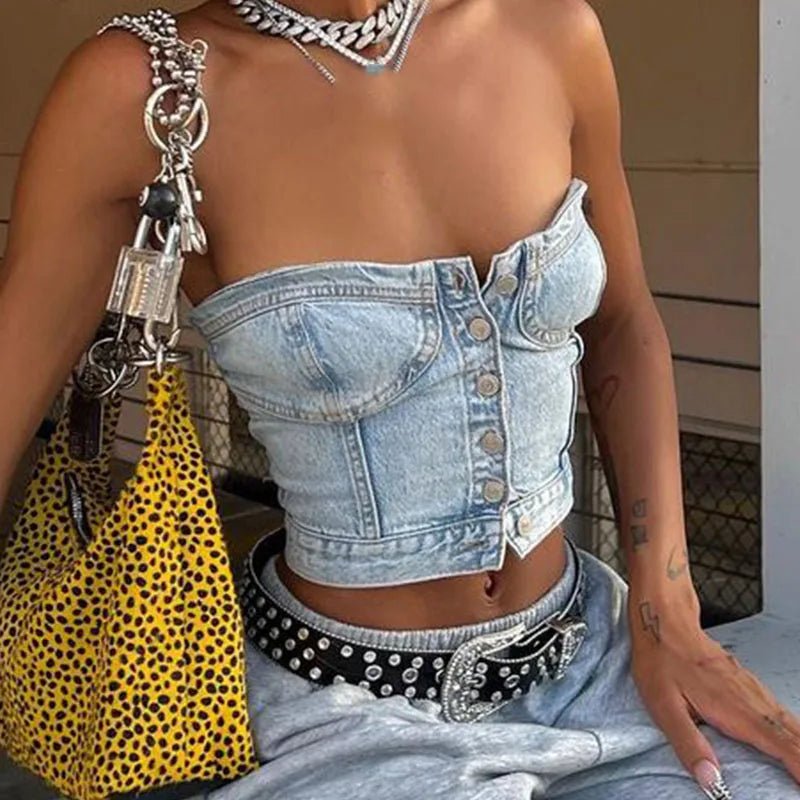 best Women's Button Down Denim Bustier Crop Top Strapless Jeans Corset Top Backles Push Up Tank Tops Vintage Harajuku Streetwear shop online at M2K Trends for