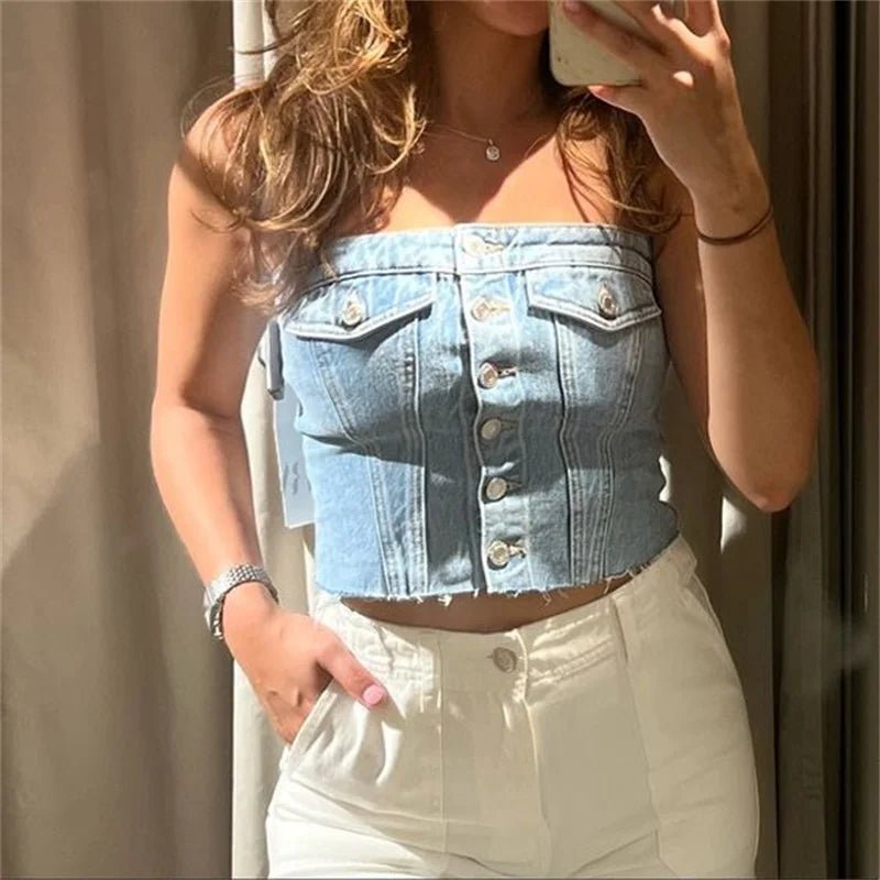 best Women's Button Down Denim Bustier Crop Top Strapless Jeans Corset Top Backles Push Up Tank Tops Vintage Harajuku Streetwear shop online at M2K Trends for
