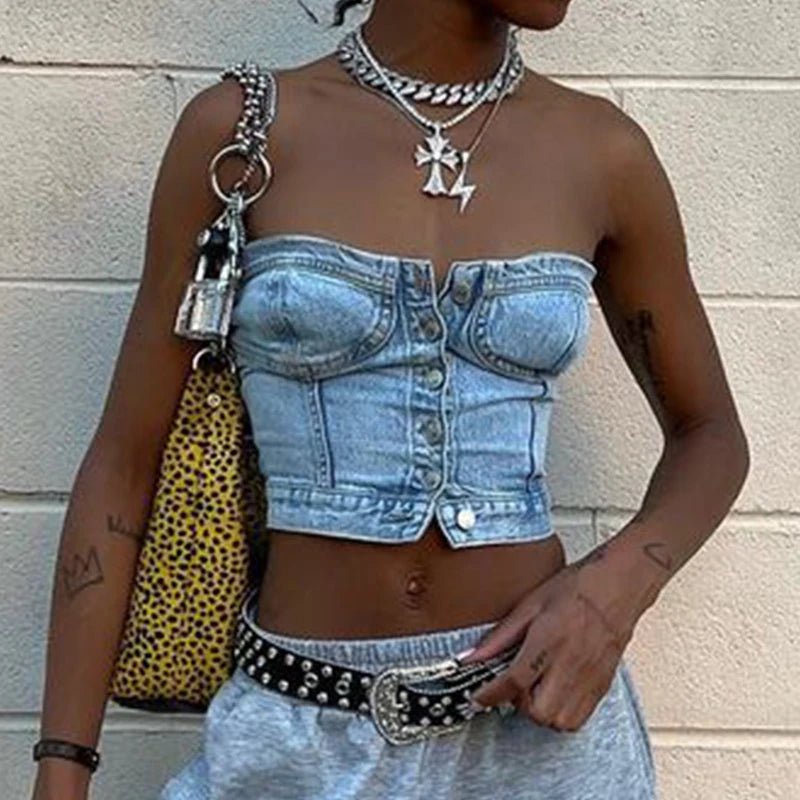 best Women's Button Down Denim Bustier Crop Top Strapless Jeans Corset Top Backles Push Up Tank Tops Vintage Harajuku Streetwear shop online at M2K Trends for