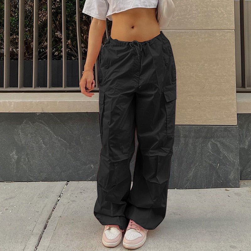 best Y2K Clothing Oversized Drawstring Low Waist Parachute Loose Fit Sweatpants Trousers Women Jogger Cargo Pants Streetwear Outfits women`s pants shop online at M2K Trends for Y2K Clothing Oversized Drawstring Low Waist Parachute Loose Fit Sweatpants Trousers Women Jogger Cargo Pants Streetwear Outfits