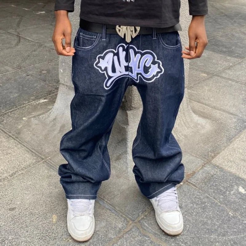 best Y2K men Jeans streetwear Printed Letter Black Vintage Pants 2023 New Harajuku Fashion Casual Loose Men Rock WideLeg baggy jeans shop online at M2K Trends for