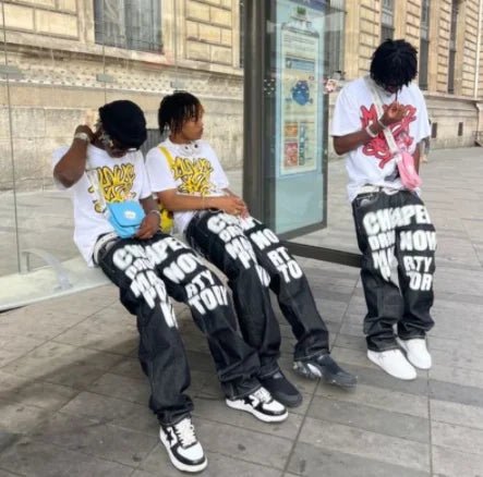 best Y2K men Jeans streetwear Printed Letter Black Vintage Pants 2023 New Harajuku Fashion Casual Loose Men Rock WideLeg baggy jeans shop online at M2K Trends for