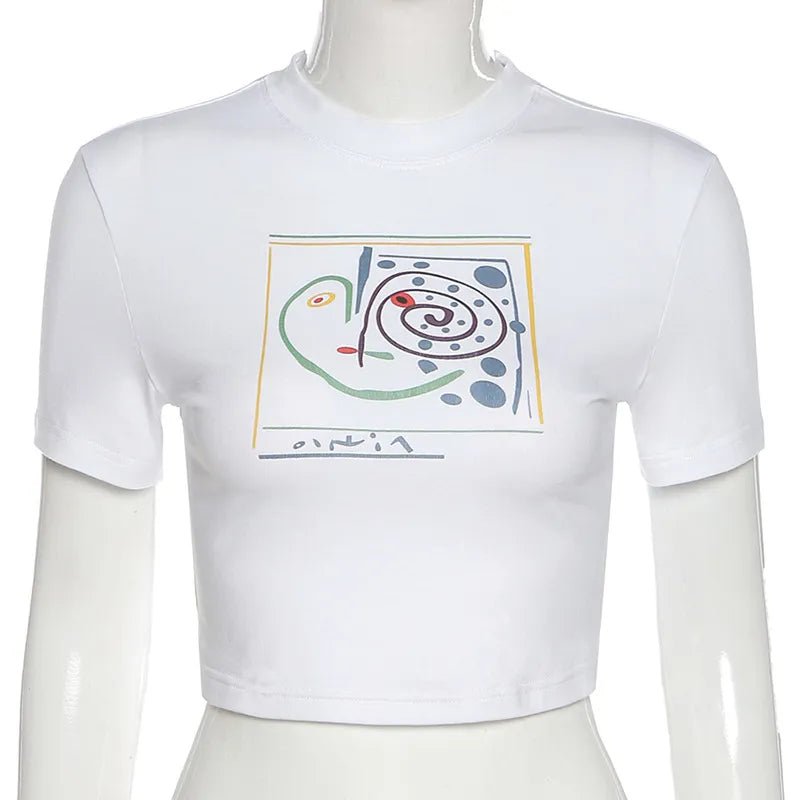 best Y2K Streetwear Graphic Short Sleeve White T-shirts 2000s Vintage Printing O-neck Baby Tees Cute Summer Crop Top Fashion shop online at M2K Trends for